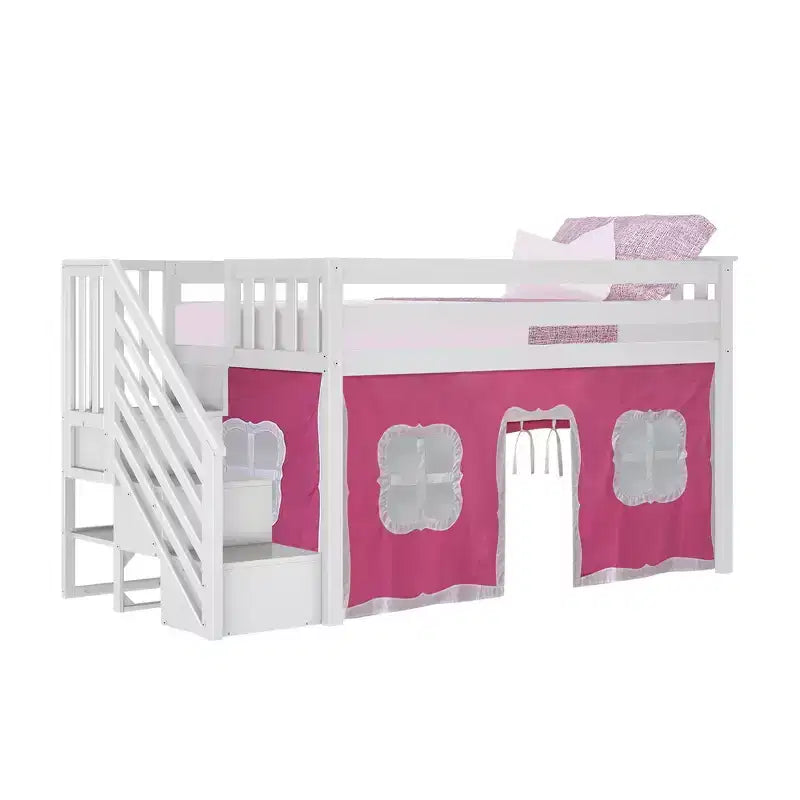Twin Low Loft Bed with Stairs and Curtains, Solid Pine Wood, 99.5"L x 42.5"W x 50"H, Holds up to 400 lbs