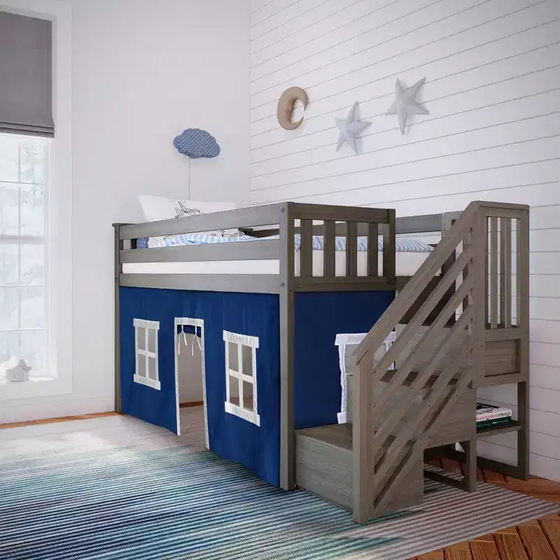 Twin Low Loft Bed with Stairs and Curtains, Solid Pine Wood, 99.5"L x 42.5"W x 50"H, Holds up to 400 lbs