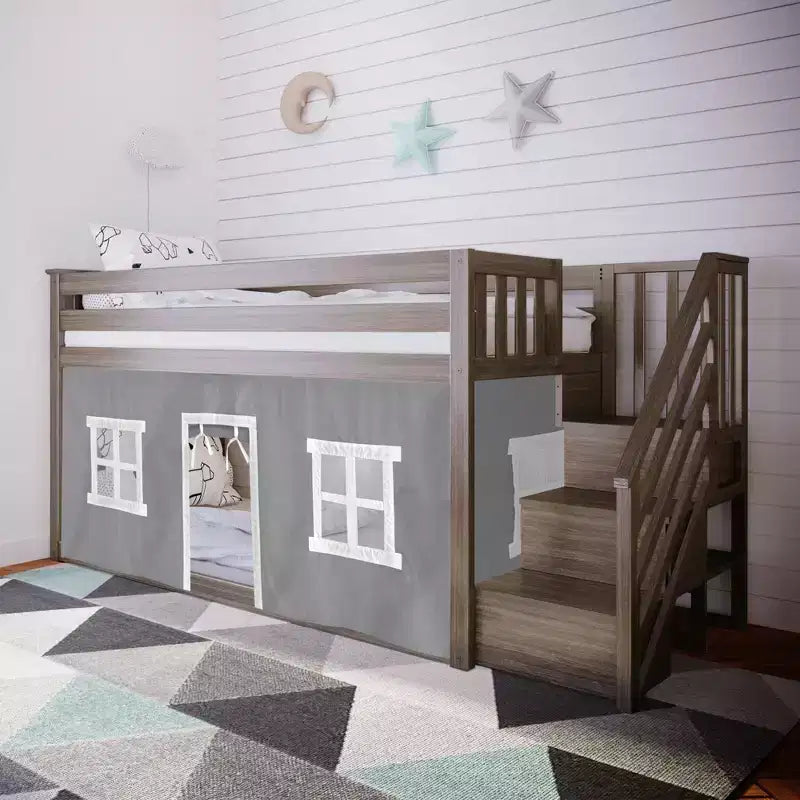 Twin Low Loft Bed with Stairs and Curtains, Solid Pine Wood, 99.5"L x 42.5"W x 50"H, Holds up to 400 lbs