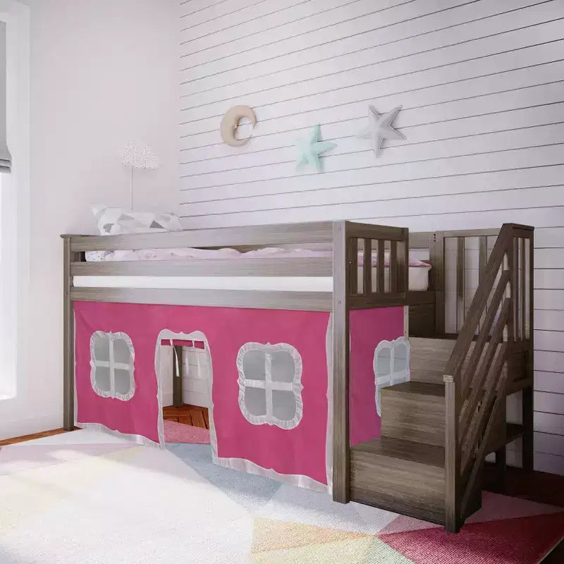 Twin Low Loft Bed with Stairs and Curtains, Solid Pine Wood, 99.5"L x 42.5"W x 50"H, Holds up to 400 lbs