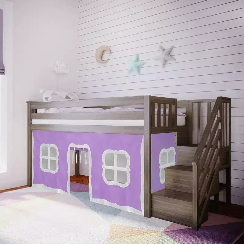 Twin Low Loft Bed with Stairs and Curtains, Solid Pine Wood, 99.5"L x 42.5"W x 50"H, Holds up to 400 lbs