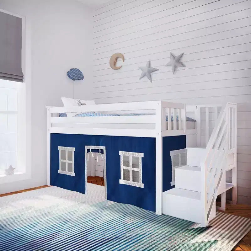 Twin Low Loft Bed with Stairs and Curtains, Solid Pine Wood, 99.5"L x 42.5"W x 50"H, Holds up to 400 lbs