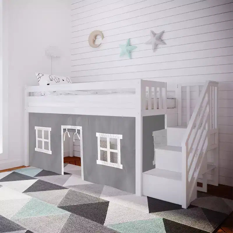 Twin Low Loft Bed with Stairs and Curtains, Solid Pine Wood, 99.5"L x 42.5"W x 50"H, Holds up to 400 lbs