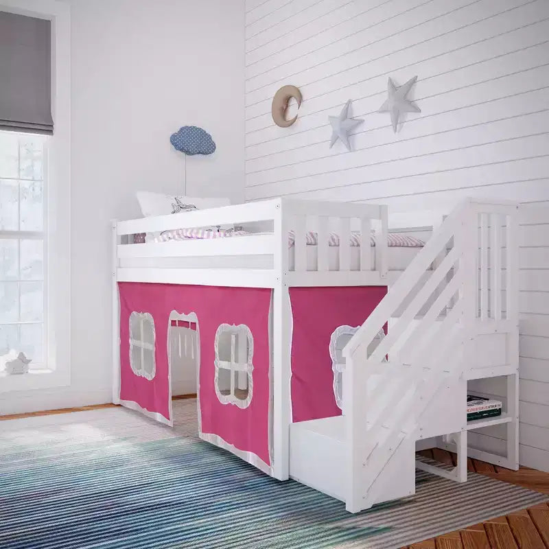 Twin Low Loft Bed with Stairs and Curtains, Solid Pine Wood, 99.5"L x 42.5"W x 50"H, Holds up to 400 lbs