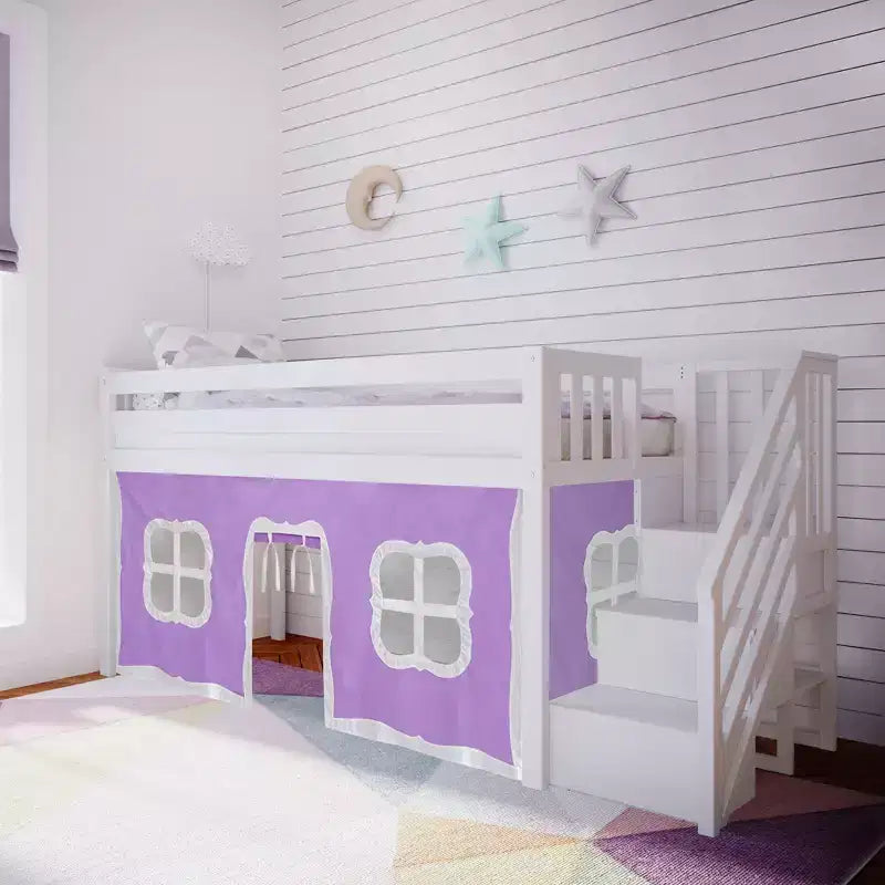 Twin Low Loft Bed with Stairs and Curtains, Solid Pine Wood, 99.5"L x 42.5"W x 50"H, Holds up to 400 lbs