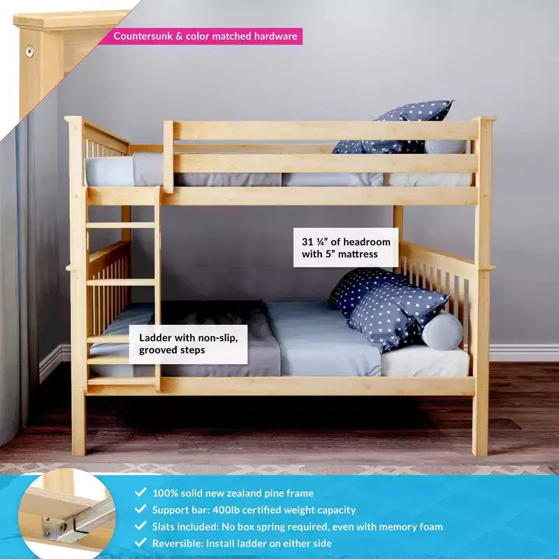 Full over Full Bunk Bed for Kids, Solid Pine Wood, No Box Spring Needed, 81.5"L x 57.5"W x 65"H, 400 lbs per Bunk