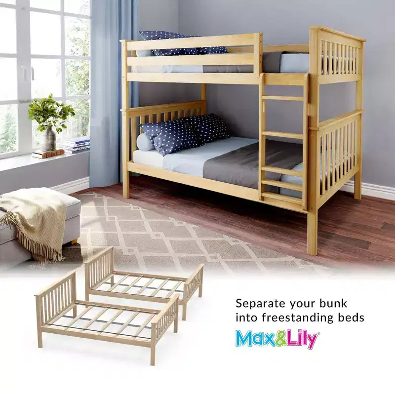 Full over Full Bunk Bed for Kids, Solid Pine Wood, No Box Spring Needed, 81.5"L x 57.5"W x 65"H, 400 lbs per Bunk