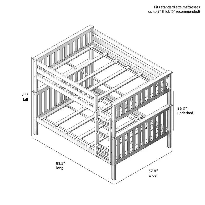 Full over Full Bunk Bed for Kids, Solid Pine Wood, No Box Spring Needed, 81.5"L x 57.5"W x 65"H, 400 lbs per Bunk