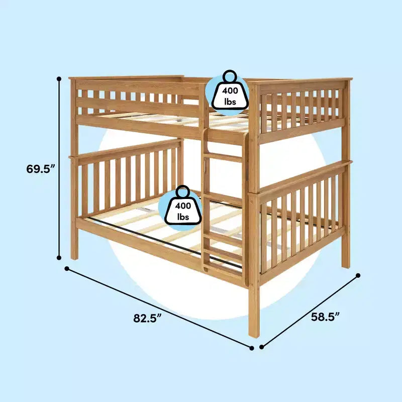 Full over Full Bunk Bed for Kids, Solid Pine Wood, No Box Spring Needed, 81.5"L x 57.5"W x 65"H, 400 lbs per Bunk