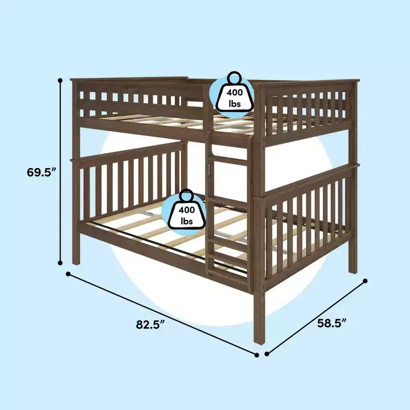 Full over Full Bunk Bed for Kids, Solid Pine Wood, No Box Spring Needed, 81.5"L x 57.5"W x 65"H, 400 lbs per Bunk