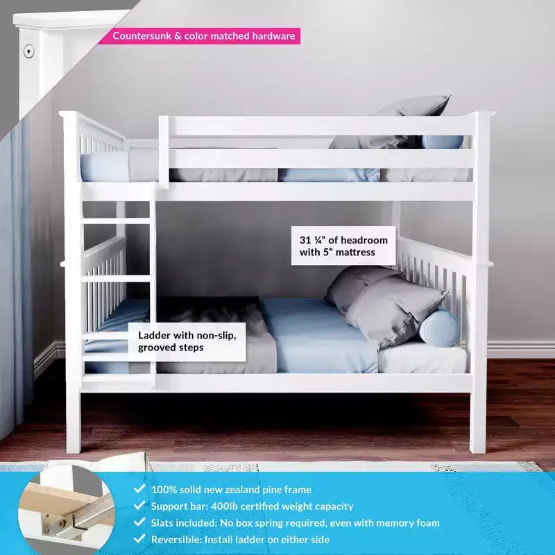 Full over Full Bunk Bed for Kids, Solid Pine Wood, No Box Spring Needed, 81.5"L x 57.5"W x 65"H, 400 lbs per Bunk