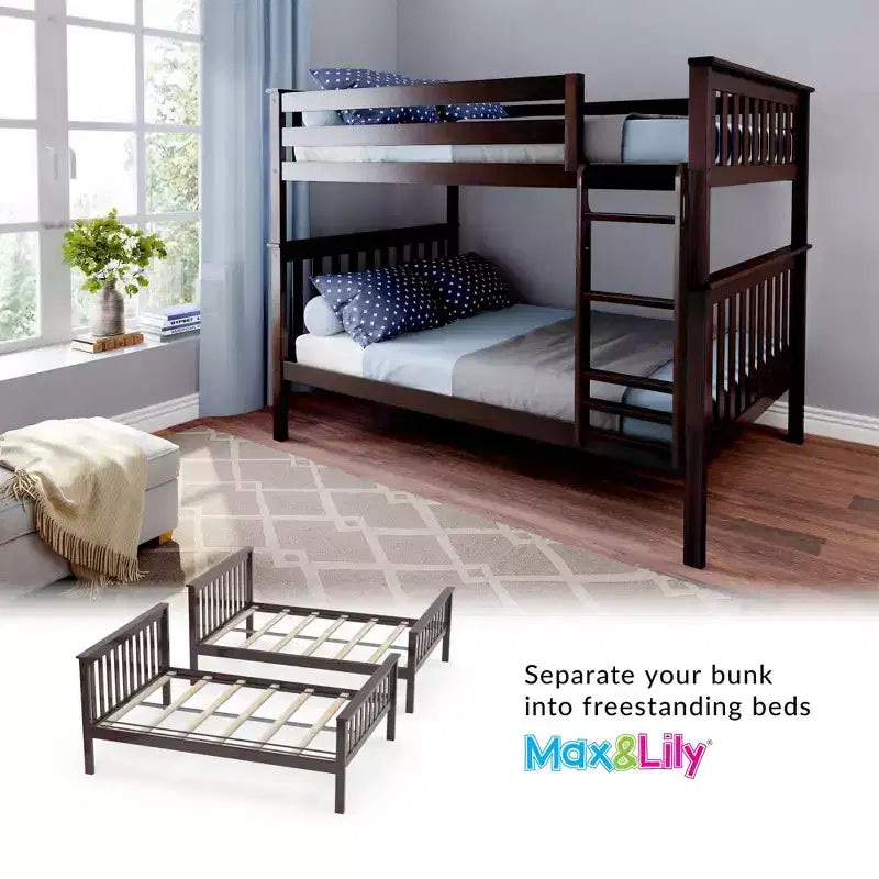 Full over Full Bunk Bed for Kids, Solid Pine Wood, No Box Spring Needed, 81.5"L x 57.5"W x 65"H, 400 lbs per Bunk