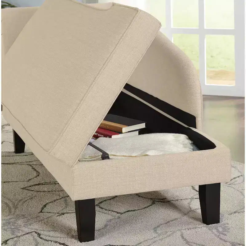 Storage Chaise with Hidden Compartment, Linen Upholstered, 63"W x 25.5"D x 31"H, Seat 18"H