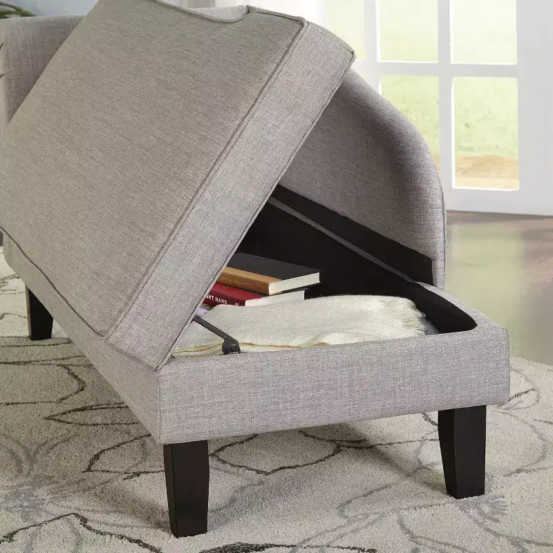 Storage Chaise with Hidden Compartment, Linen Upholstered, 63"W x 25.5"D x 31"H, Seat 18"H