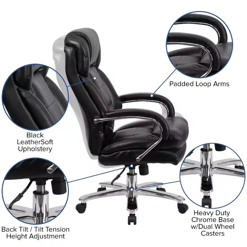 Big & Tall Executive Swivel Office Chair with Loop Arms, 500 lbs Capacity, Seat 22"W x 22"D