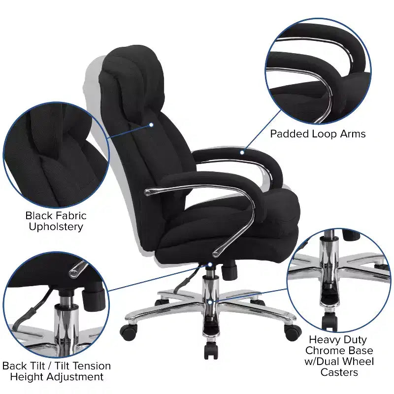 Big & Tall Executive Swivel Office Chair with Loop Arms, 500 lbs Capacity, Seat 22"W x 22"D