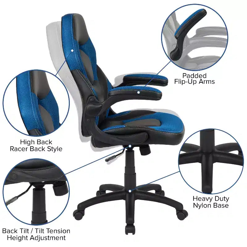 Gaming Chair Racing Style with Flip-Up Arms, Adjustable Height, Seat 20"W x 19"D, Holds up to 250 lbs