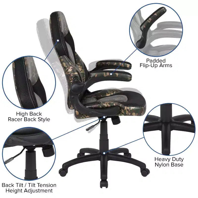 Gaming Chair Racing Style with Flip-Up Arms, Adjustable Height, Seat 20"W x 19"D, Holds up to 250 lbs