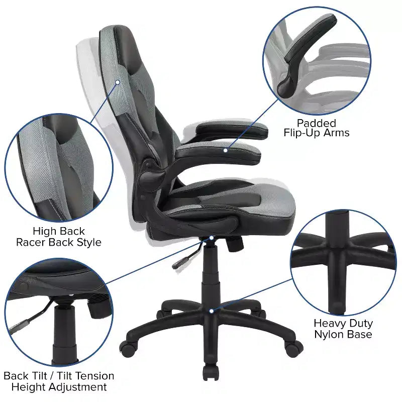 Gaming Chair Racing Style with Flip-Up Arms, Adjustable Height, Seat 20"W x 19"D, Holds up to 250 lbs