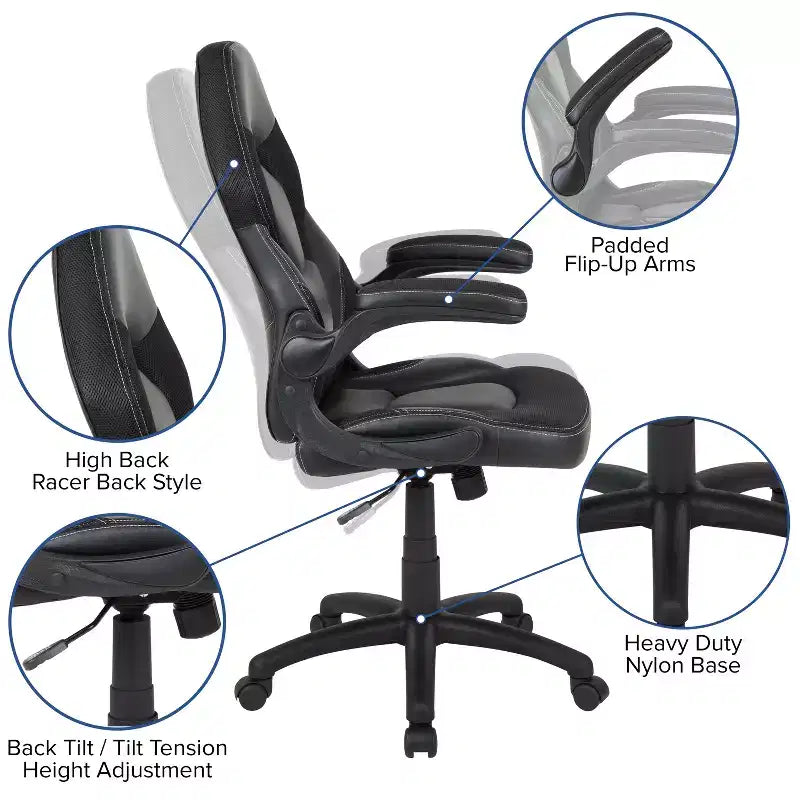 Gaming Chair Racing Style with Flip-Up Arms, Adjustable Height, Seat 20"W x 19"D, Holds up to 250 lbs