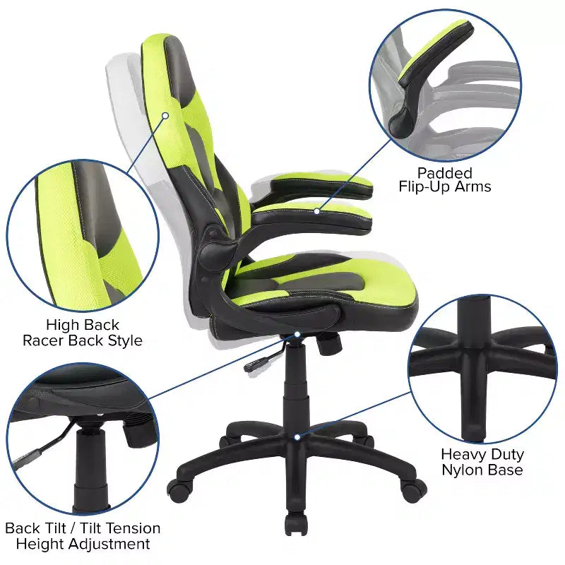 Gaming Chair Racing Style with Flip-Up Arms, Adjustable Height, Seat 20"W x 19"D, Holds up to 250 lbs