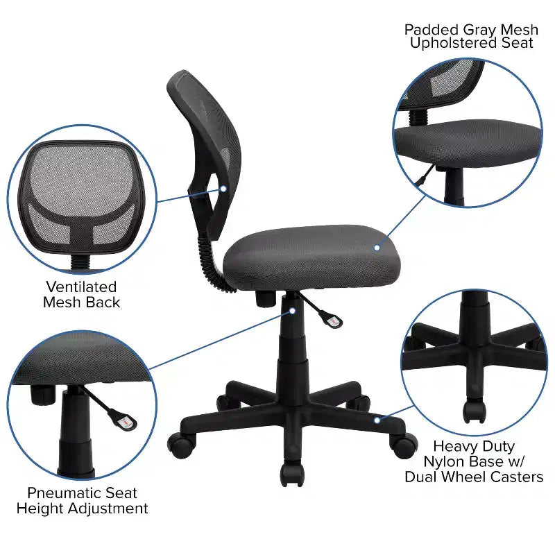 Low Back Mesh Swivel Task Office Chair, Armless, Seat 17.5"W x 16.25"D, Holds up to 250 lbs