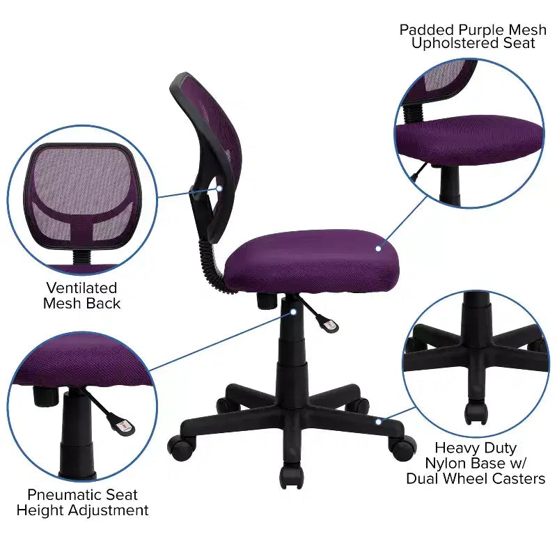 Low Back Mesh Swivel Task Office Chair, Armless, Seat 17.5"W x 16.25"D, Holds up to 250 lbs