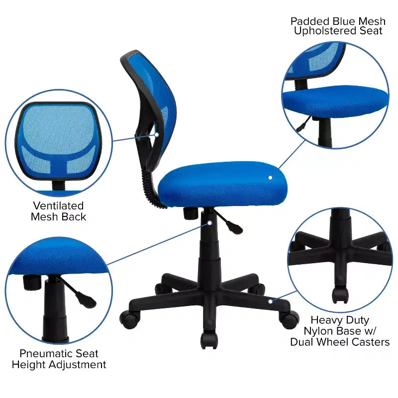 Low Back Mesh Swivel Task Office Chair, Armless, Seat 17.5"W x 16.25"D, Holds up to 250 lbs
