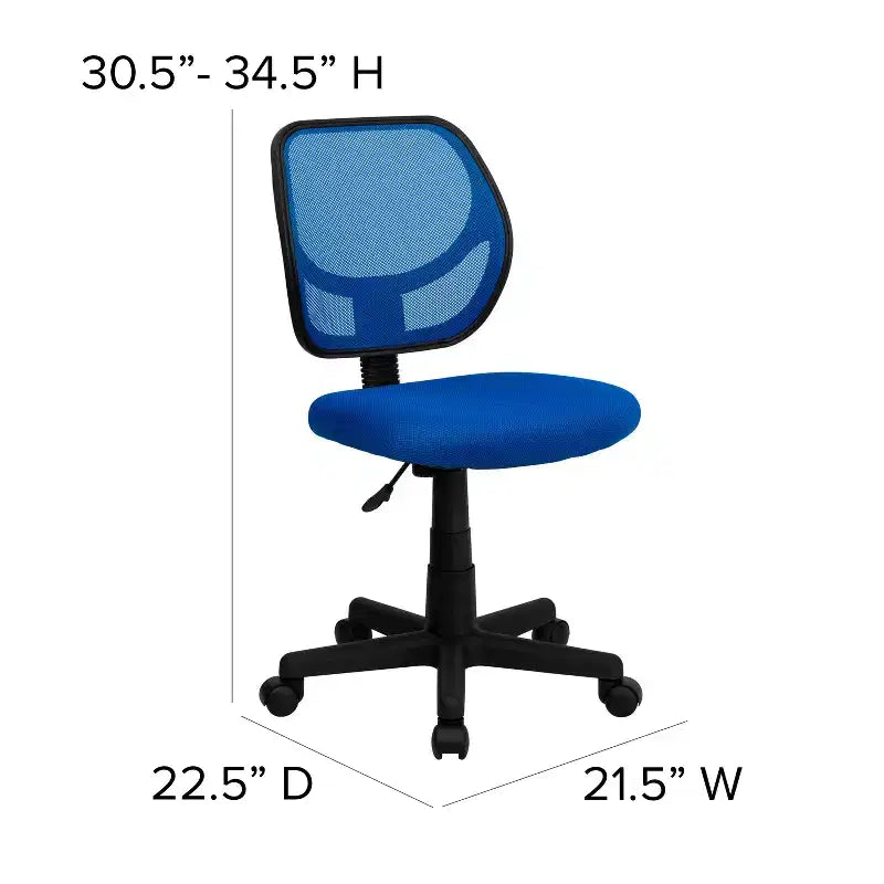 Low Back Mesh Swivel Task Office Chair, Armless, Seat 17.5"W x 16.25"D, Holds up to 250 lbs
