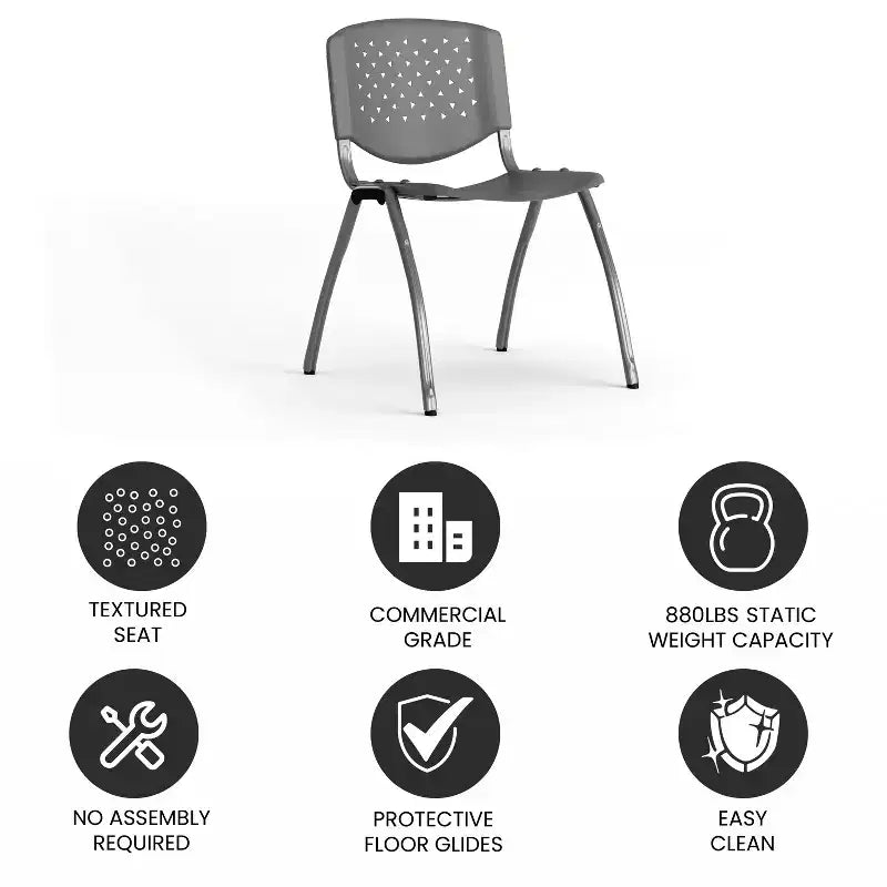 Plastic Stack Chair with Powder Coated Frame, Stackable up to 25, Seat 18"W x 17"D, Holds up to 880 lbs