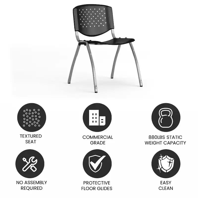 Plastic Stack Chair with Powder Coated Frame, Stackable up to 25, Seat 18"W x 17"D, Holds up to 880 lbs