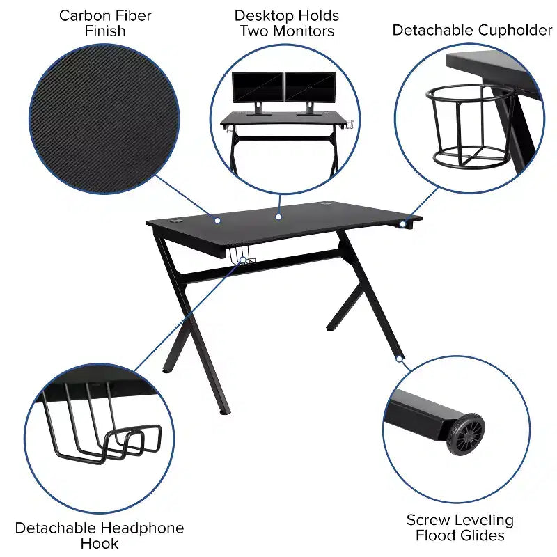 Gaming Desk 45.25" x 29" with Headphone Holder and Cable Management