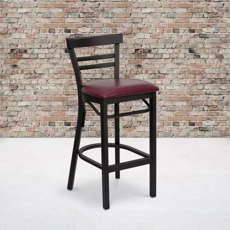 Two-Slat Ladder Back Metal Bar Stool with Vinyl Upholstered Seat