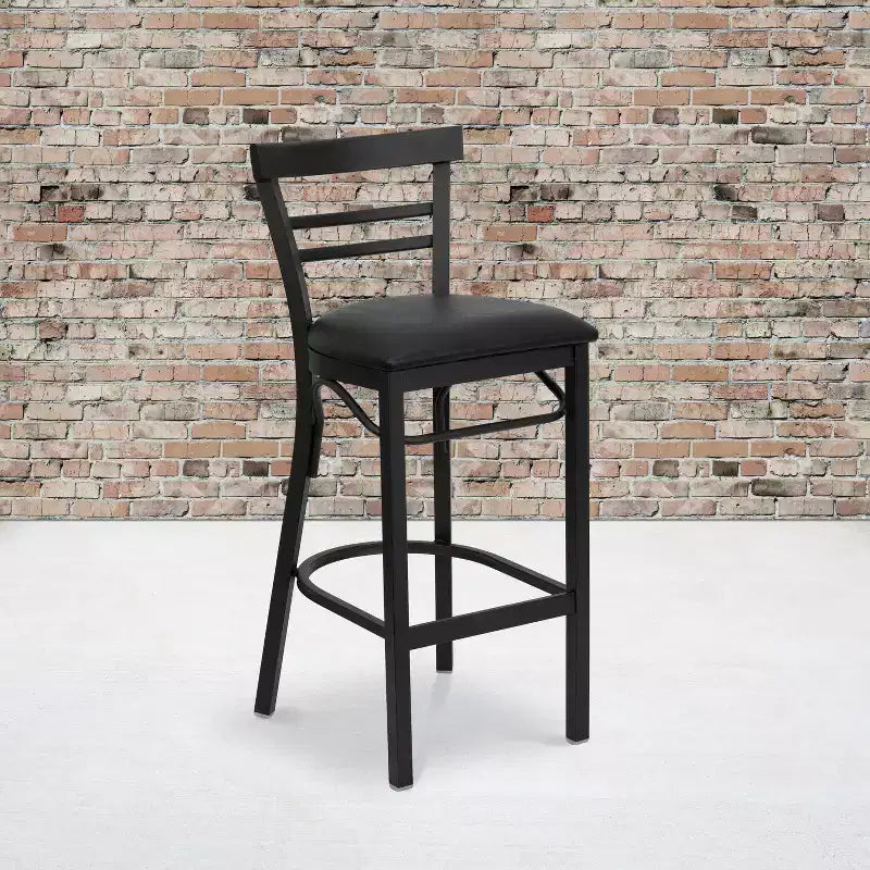 Two-Slat Ladder Back Metal Bar Stool with Vinyl Upholstered Seat