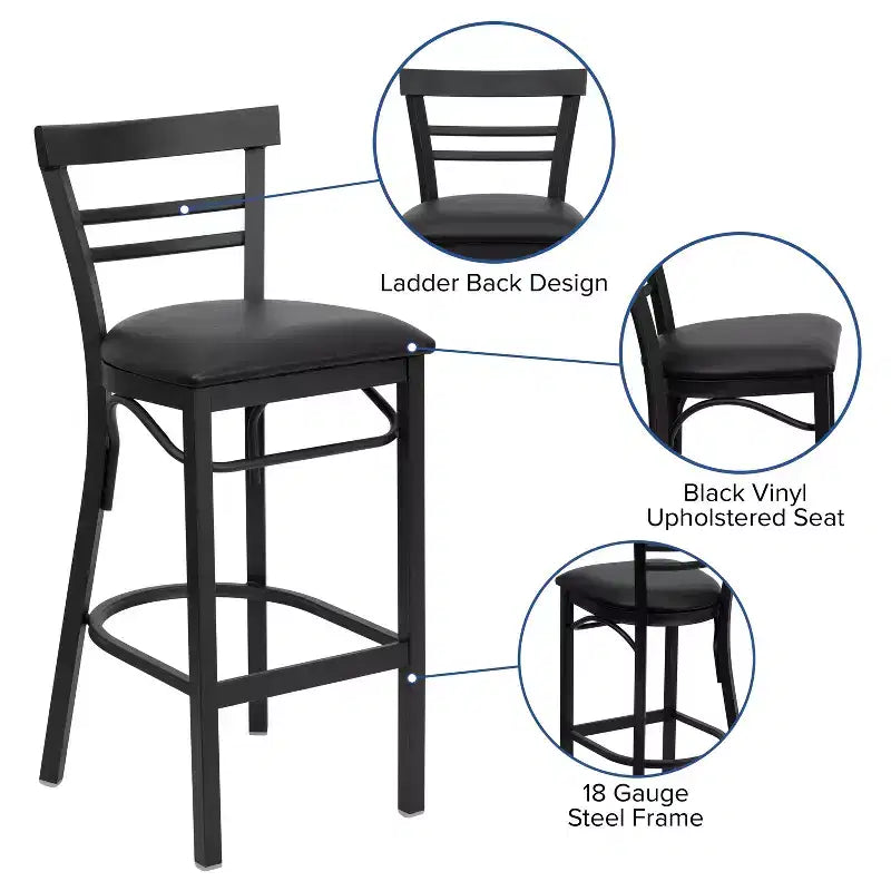 Two-Slat Ladder Back Metal Bar Stool with Vinyl Upholstered Seat