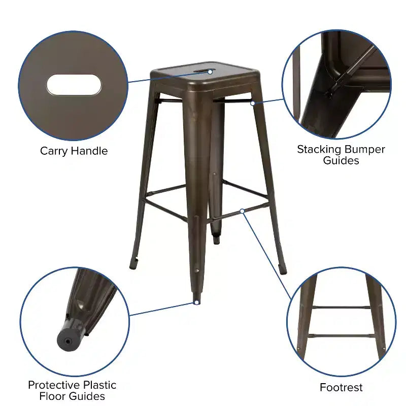 30" Metal Bar Stool, Backless, Stackable, Set of 4 – Seat 12"W x 12"D, 440 lb Capacity