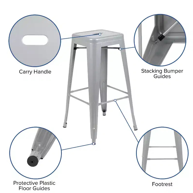 30" Metal Bar Stool, Backless, Stackable, Set of 4 – Seat 12"W x 12"D, 440 lb Capacity