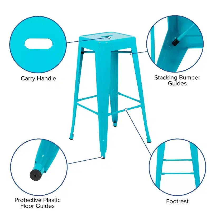 30" Metal Bar Stool, Backless, Stackable, Set of 4 – Seat 12"W x 12"D, 440 lb Capacity