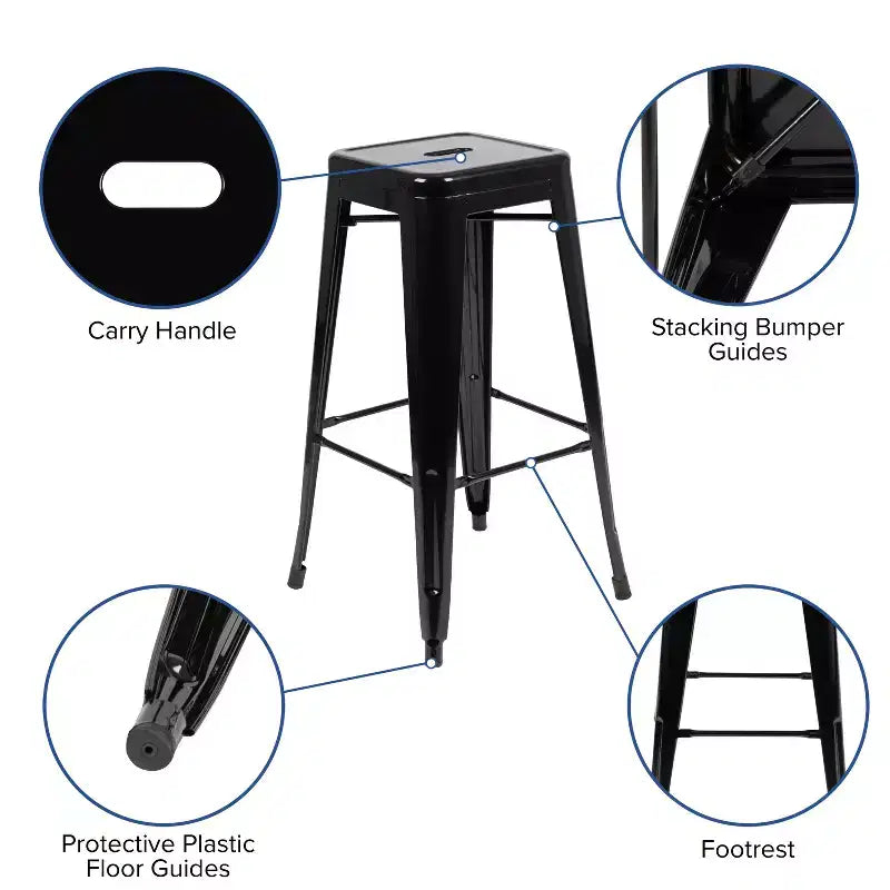 30" Metal Bar Stool, Backless, Stackable, Set of 4 – Seat 12"W x 12"D, 440 lb Capacity