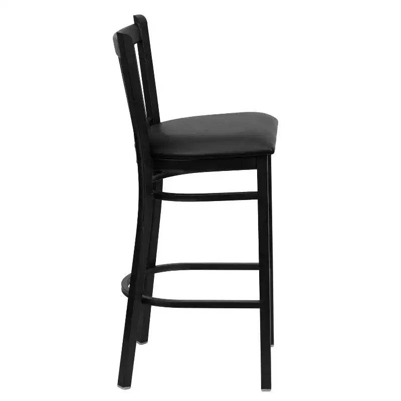 Black Vertical Back Metal Dining Barstool, Upholstered Seat, 16.75"W x 16.25"D, Holds up to 500 lbs