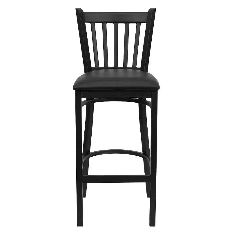 Black Vertical Back Metal Dining Barstool, Upholstered Seat, 16.75"W x 16.25"D, Holds up to 500 lbs