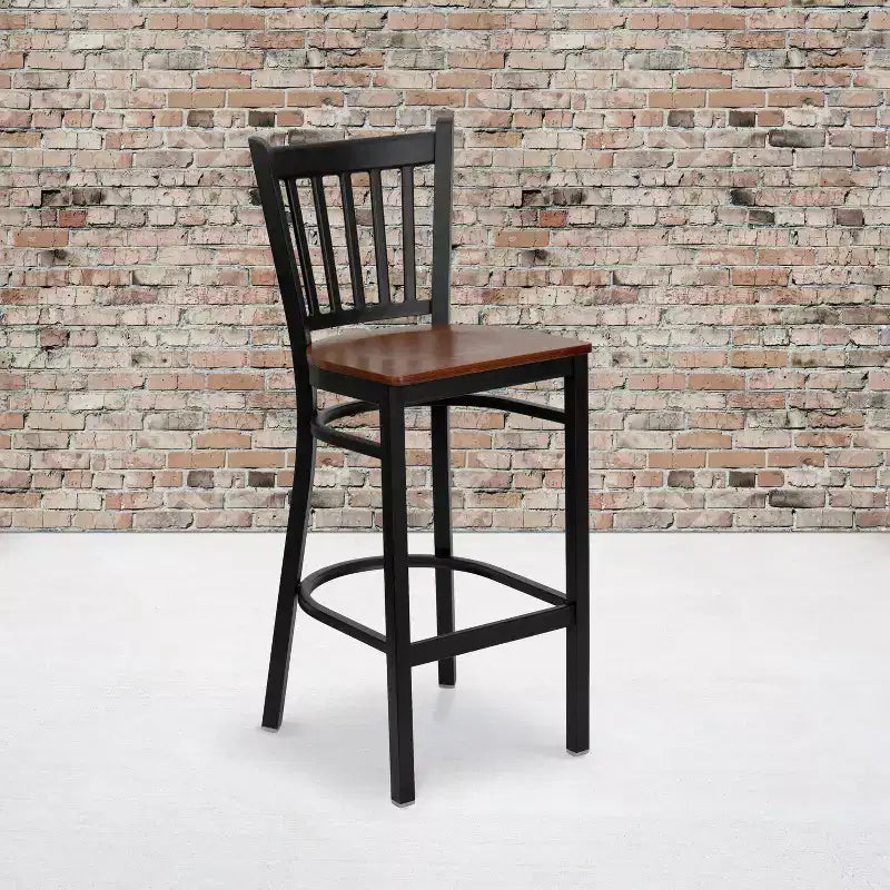 Black Vertical Back Metal Dining Barstool, Upholstered Seat, 16.75"W x 16.25"D, Holds up to 500 lbs