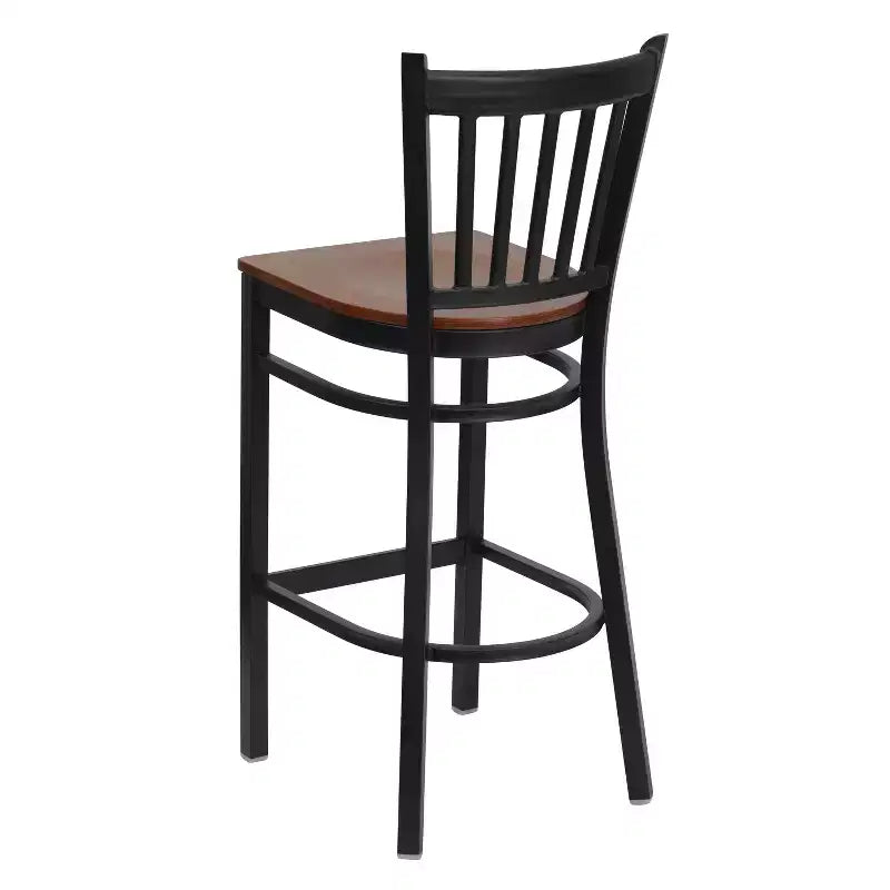 Black Vertical Back Metal Dining Barstool, Upholstered Seat, 16.75"W x 16.25"D, Holds up to 500 lbs