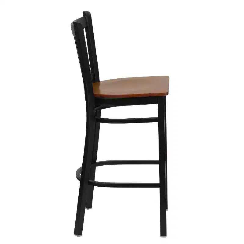 Black Vertical Back Metal Dining Barstool, Upholstered Seat, 16.75"W x 16.25"D, Holds up to 500 lbs