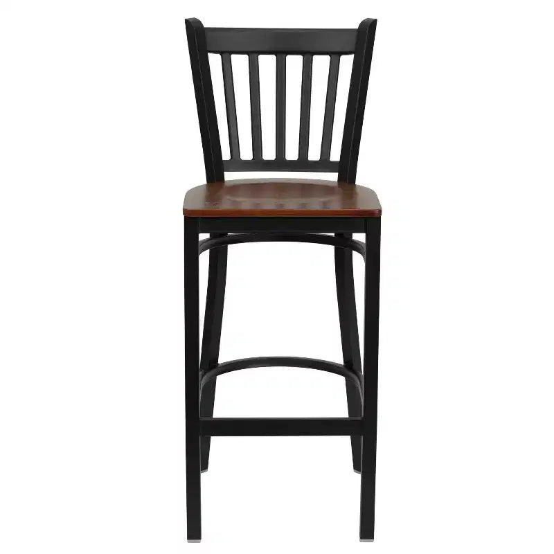 Black Vertical Back Metal Dining Barstool, Upholstered Seat, 16.75"W x 16.25"D, Holds up to 500 lbs
