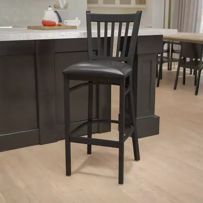 Black Vertical Back Metal Dining Barstool, Upholstered Seat, 16.75"W x 16.25"D, Holds up to 500 lbs