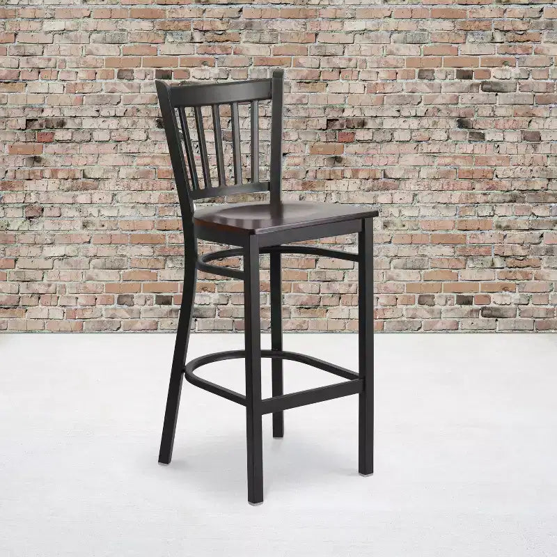 Black Vertical Back Metal Dining Barstool, Upholstered Seat, 16.75"W x 16.25"D, Holds up to 500 lbs