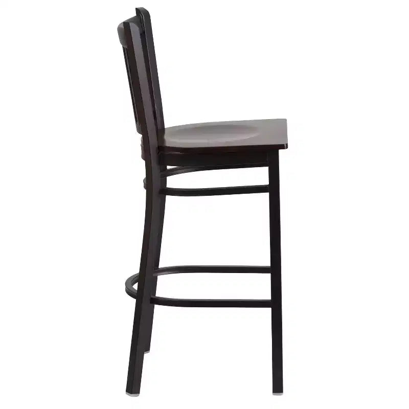 Black Vertical Back Metal Dining Barstool, Upholstered Seat, 16.75"W x 16.25"D, Holds up to 500 lbs