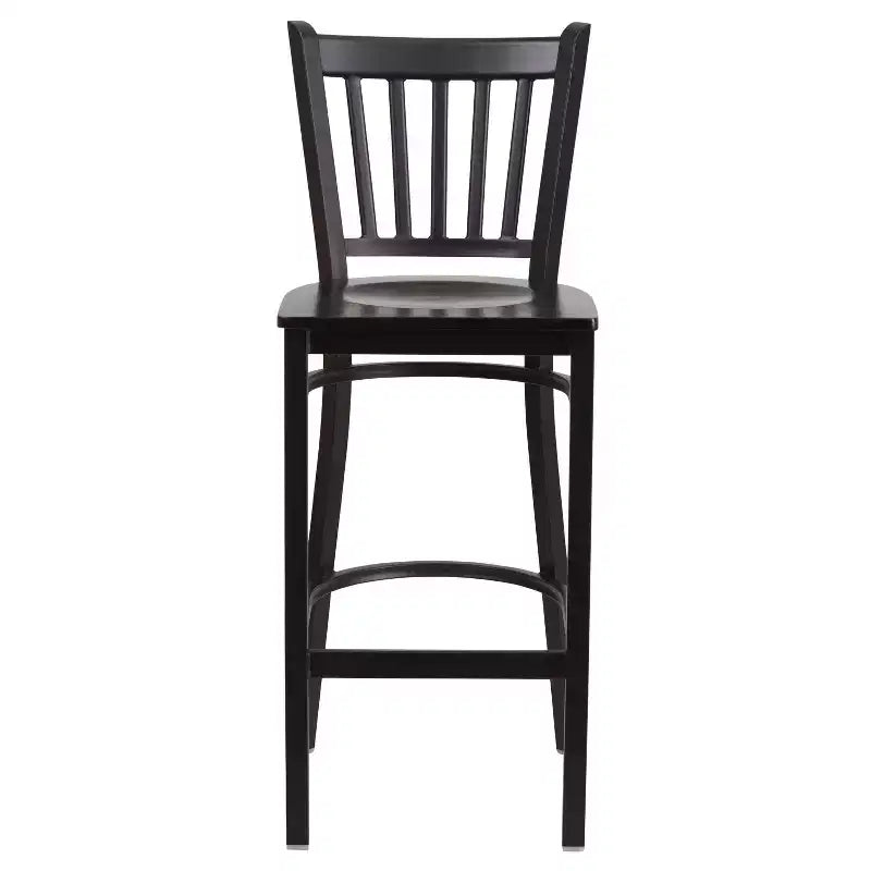 Black Vertical Back Metal Dining Barstool, Upholstered Seat, 16.75"W x 16.25"D, Holds up to 500 lbs