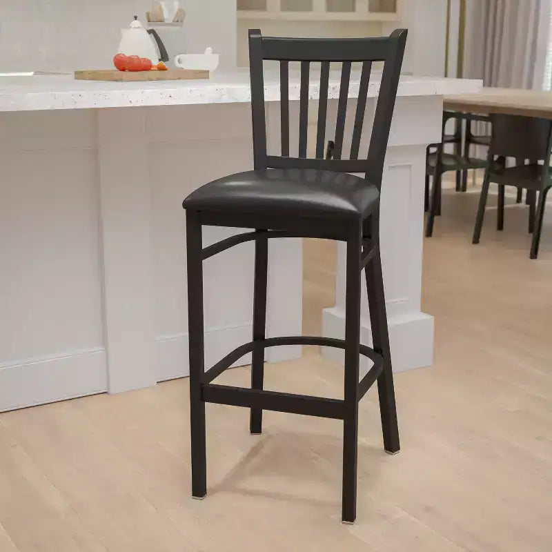 Black Vertical Back Metal Dining Barstool, Upholstered Seat, 16.75"W x 16.25"D, Holds up to 500 lbs